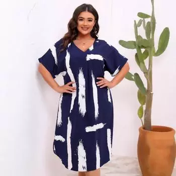 Женское платье свободного кроя с V-образным вырезом и короткими рукавами 0XL темно-синий