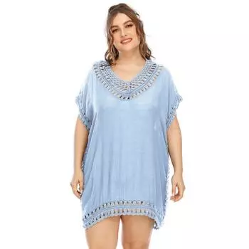 Женское платье свободного покроя ручной работы в стиле пэчворк с V-образным вырезом, однотонное пляжное платье, накидка M белый