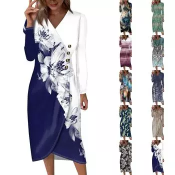 Женское платье свободного покроя с длинным рукавом, однотонное пляжное платье для отдыха XXXL синий