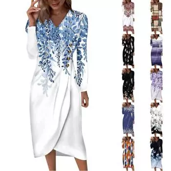 Женское платье свободного покроя с длинным рукавом, однотонное пляжное платье для отдыха XXXL синий