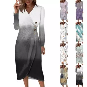 Женское платье свободного покроя с длинным рукавом, однотонное пляжное платье для отдыха L хаки