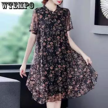 Женское платье свободного покроя с принтом, круглым вырезом, короткими рукавами, свободным сетчатым платьем средней длины, простое, для поездок на работу, лето L