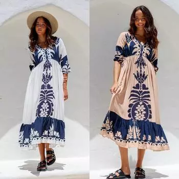 Женское платье свободного покроя с принтом и завязками на шнурке, с рукавами пять четвертей S