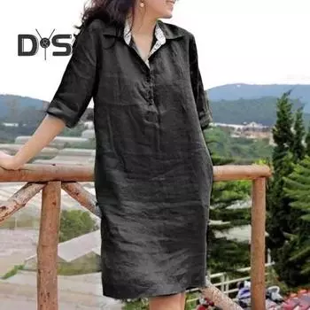 Женское платье свободного покроя с рукавами три четверти, однотонное, с лацканами, длиной до колена, мягкое, А-силуэт, повседневное, весна-лето, миди-платье 2XL небесно-голубой