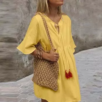 Женское платье свободного покроя с V-образным вырезом и короткими рукавами S белый