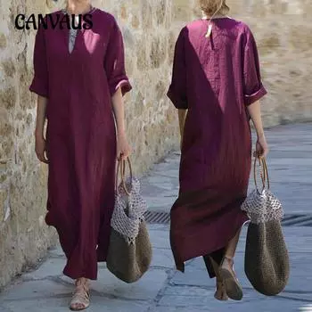 Женское платье Свободные длинные платья с v-образным вырезом больших размеров и длинными рукавами с разрезом