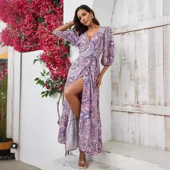 Женское платье, свободные повседневные вечерние платья с v-образным вырезом и рукавами-пузырьками, праздничные платья с ботаническим цветочным принтом L фиолетовый