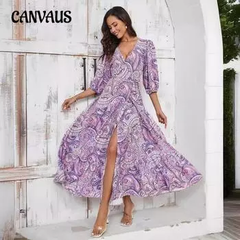 Женское платье, свободные повседневные вечерние платья с v-образным вырезом и рукавами-пузырьками, праздничные платья с ботаническим цветочным принтом S фиолетовый