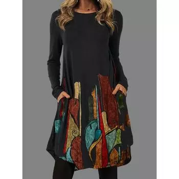 Женское платье, свободный свитер с длинными рукавами, этнический стиль, осеннее платье с круглым вырезом и карманами, модное элегантное повседневное платье S