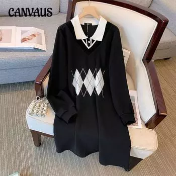 Женское платье-толстовка больших размеров с искусственным воротником-поло и длинными рукавами, платья в студенческом стиле