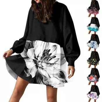 Женское платье-толстовка большого размера с круглым вырезом и длинными рукавами, пуловер, топы, платье с принтом L чёрный