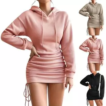 Женское платье-толстовка с капюшоном и завязками по бокам, повседневное однотонное платье-туника с длинным рукавом XL чёрный