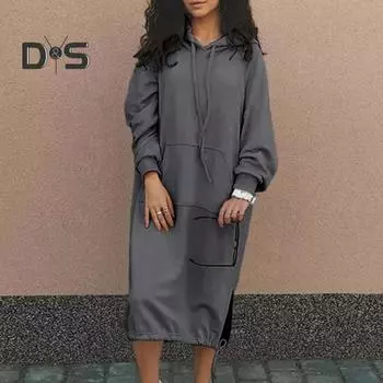 Женское платье-толстовка с капюшоном и длинными рукавами, передний карман и боковой разрез, завязка на подол, сплошной цвет, толстовка, платье миди, уличная одежда L чёрный