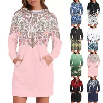 Женское платье-толстовка с капюшоном с длинным рукавом, платья с милым цветочным принтом, повседневная толстовка с капюшоном и карманами, осень и зима L чёрный
