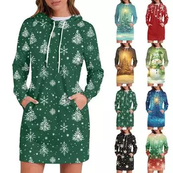 Женское платье-толстовка с капюшоном с длинным рукавом, платья с принтом снежинки и рождественской елки, повседневная толстовка с капюшоном и карманами, осень и зима L зелёный