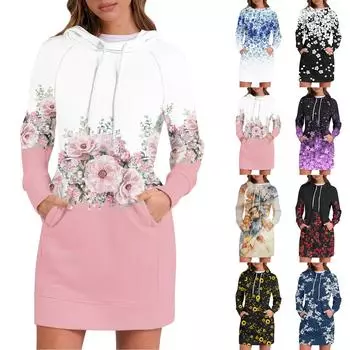Женское платье-толстовка с капюшоном с длинным рукавом, платья с милым цветочным принтом, повседневная толстовка с капюшоном и карманами, осень и зима XXL винный