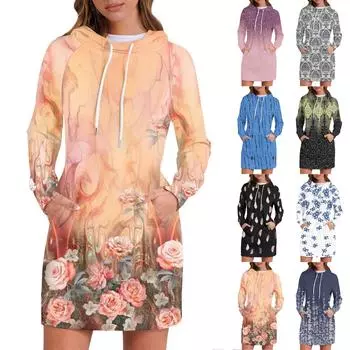 Женское платье-толстовка с капюшоном с длинным рукавом, платья с милым цветочным принтом, повседневная толстовка с капюшоном и карманами, осень и зима L чёрный