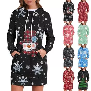 Женское платье-толстовка с капюшоном с длинным рукавом, платья с принтом снежинки и рождественской елки, повседневная толстовка с капюшоном и карманами, осень и зима M зелёный