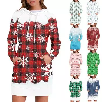 Женское платье-толстовка с капюшоном с длинным рукавом, платья с принтом снежинки и рождественской елки, повседневная толстовка с капюшоном и карманами, осень и зима M зелёный