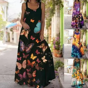 Женское платье тонкое и длинное с большим подолом с принтом бабочек Dr. XXL фиолетовый