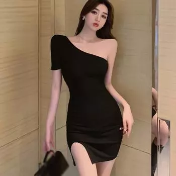 Женское платье Тонкое прямое платье с наклонными плечами и короткими рукавами Сплошное платье с разрезом S