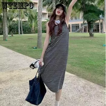 Женское платье, тонкое, тонкое, с внутренней стороны, платья, верхняя одежда, майка, длинное платье, U-образный воротник, слинг без рукавов M