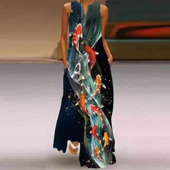 Женское платье трапециевидного силуэта, макси, длинное без рукавов, карп, прыгающий дракон, принт, осень и зима, v-образный вырез, элегантный стиль в стиле ретро XS красный