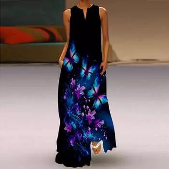 Женское платье трапециевидного силуэта, макси, длинное, без рукавов, ночной фиолетовый, с принтом бабочки, осень-зима, с v-образным вырезом, стиль ретро, элегантное XS светло-синий