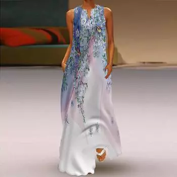 Женское платье трапециевидного силуэта, макси, длинное, без рукавов, весна, с принтом персикового цвета, осень и зима, с v-образным вырезом, стиль ретро, элегантное XS синий