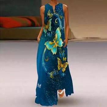 Женское платье трапециевидного силуэта, макси, длинные рукава, синий жемчуг, принт бабочки, осень и зима, v-образный вырез, стиль ретро, элегантный XS светло-синий