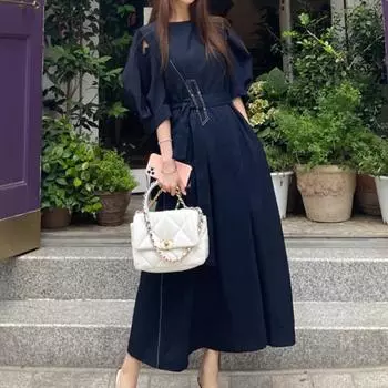 Женское платье трапециевидной формы на шнуровке с круглым вырезом и половиной рукавов, высокая талия, S-XL S синий