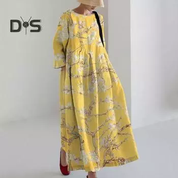 Женское платье трапециевидной формы с цветочным принтом, большим подолом, длинными рукавами, свободный круглый вырез и боковые карманы, плиссированное повседневное платье макси до щиколотки S розовый