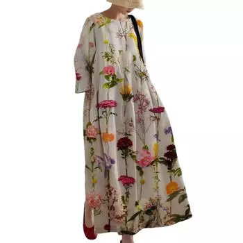 Женское платье трапециевидной формы с цветочным принтом, большим подолом, длинными рукавами, свободный круглый вырез и боковые карманы, плиссированное повседневное платье макси до щиколотки M абрикосовый