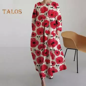 Женское платье трапециевидной формы с цветочным принтом, большим подолом, длинными рукавами, свободный круглый вырез и боковые карманы, плиссированное повседневное платье макси до щиколотки S розовый