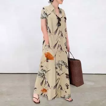 Женское платье трапециевидной формы с лацканами, свободная рубашка с принтом, короткие рукава на пуговицах с цветочным принтом и боковыми карманами, длина до щиколотки M абрикосовый