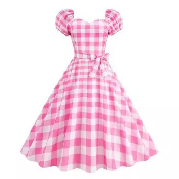 Женское платье трапециевидной формы в стиле ретро, большие качели, обтягивающее, с высокой талией, с короткими рукавами, V-образным вырезом, в клетку, в горошек S розовый