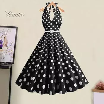 Женское платье трапециевидной формы в стиле ретро с большими качелями с высокой талией и поясом без рукавов на шнуровке с бретелькой на шее с низким вырезом в горошек контрастного цвета для вечеринки, свадьбы, выпускного бала S красный