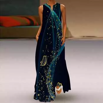 Женское платье-трапеция Макси, длинное, без рукавов, синее, плывущее, с принтом из пряжи, осень-зима, с v-образным вырезом, стиль ретро, элегантное XS чёрный