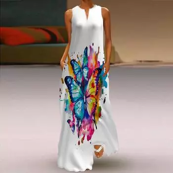 Женское платье-трапеция Макси Длинное платье без рукавов с красочным принтом граффити Осень и зима с v-образным вырезом в стиле ретро Элегантный XS белый