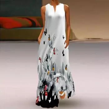 Женское платье-трапеция Макси с длинными рукавами, без рукавов, с бабочкой и цветочным принтом, осень-зима, с v-образным вырезом, в стиле ретро, элегантное XS белый
