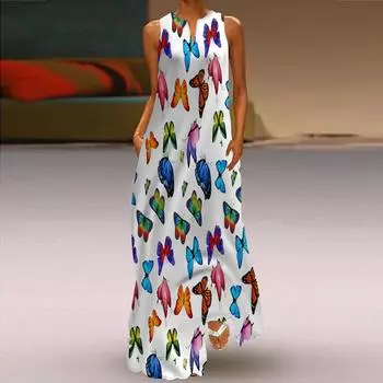 Женское платье-трапеция макси с длинными рукавами и красочным принтом, осенне-зимний вариант с v-образным вырезом, элегантный и ретро-стиль XS светло-синий