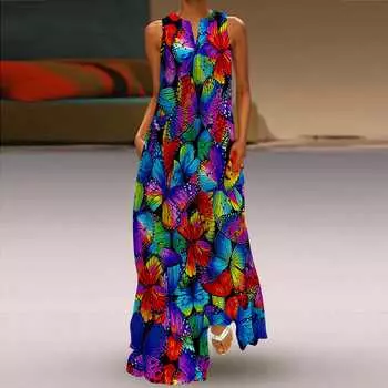 Женское платье-трапеция макси с длинными рукавами и радужным принтом бабочки, осенне-зимний v-образный вырез, в элегантном стиле ретро XS разноцветный