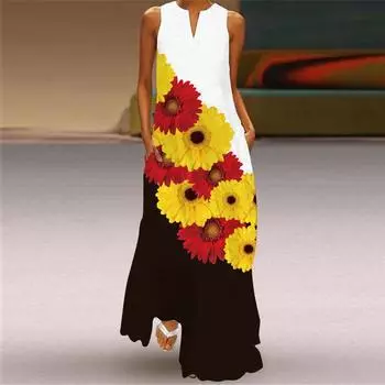 Женское платье-трапеция макси с длинными рукавами, двухцветным цветочным принтом, осенне-зимним v-образным вырезом, в элегантном стиле ретро XS синий