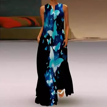 Женское платье-трапеция макси с длинными рукавами, синее с принтом бабочки, осенне-зимний v-образный вырез, в элегантном стиле ретро XS синий