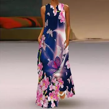 Женское платье-трапеция Макси с длинными рукавами, розовый цветочный принт, осень/зима, v-образный вырез, элегантный стиль в стиле ретро XS светло-синий