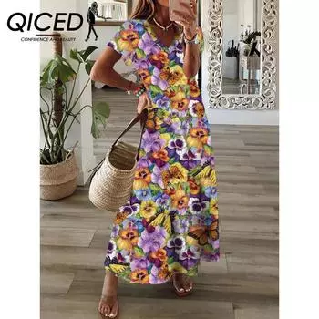 Женское платье-трапеция QICED весна-лето с V-образным вырезом и короткими рукавами в стиле бохо S серый