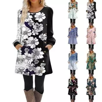 Женское платье-трапеция с длинным рукавом, повседневное платье-пуловер свободного кроя на пуговицах с карманами XXXL чёрный