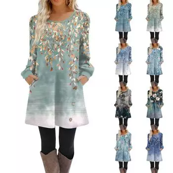 Женское платье-трапеция с длинным рукавом, повседневное платье-пуловер свободного кроя на пуговицах с карманами L