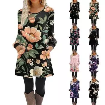 Женское платье-трапеция с длинным рукавом, повседневное платье-пуловер свободного кроя на пуговицах с карманами XL