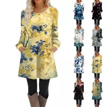 Женское платье-трапеция с длинным рукавом, повседневное платье-пуловер свободного кроя на пуговицах с карманами XXXL циан